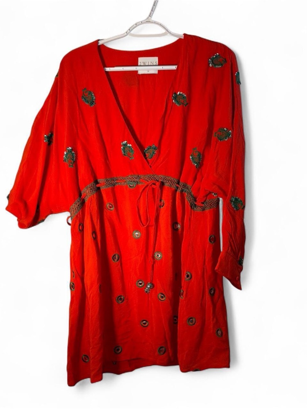2wins resort wear Embroidered V-Neck Tie-Waist Dress
